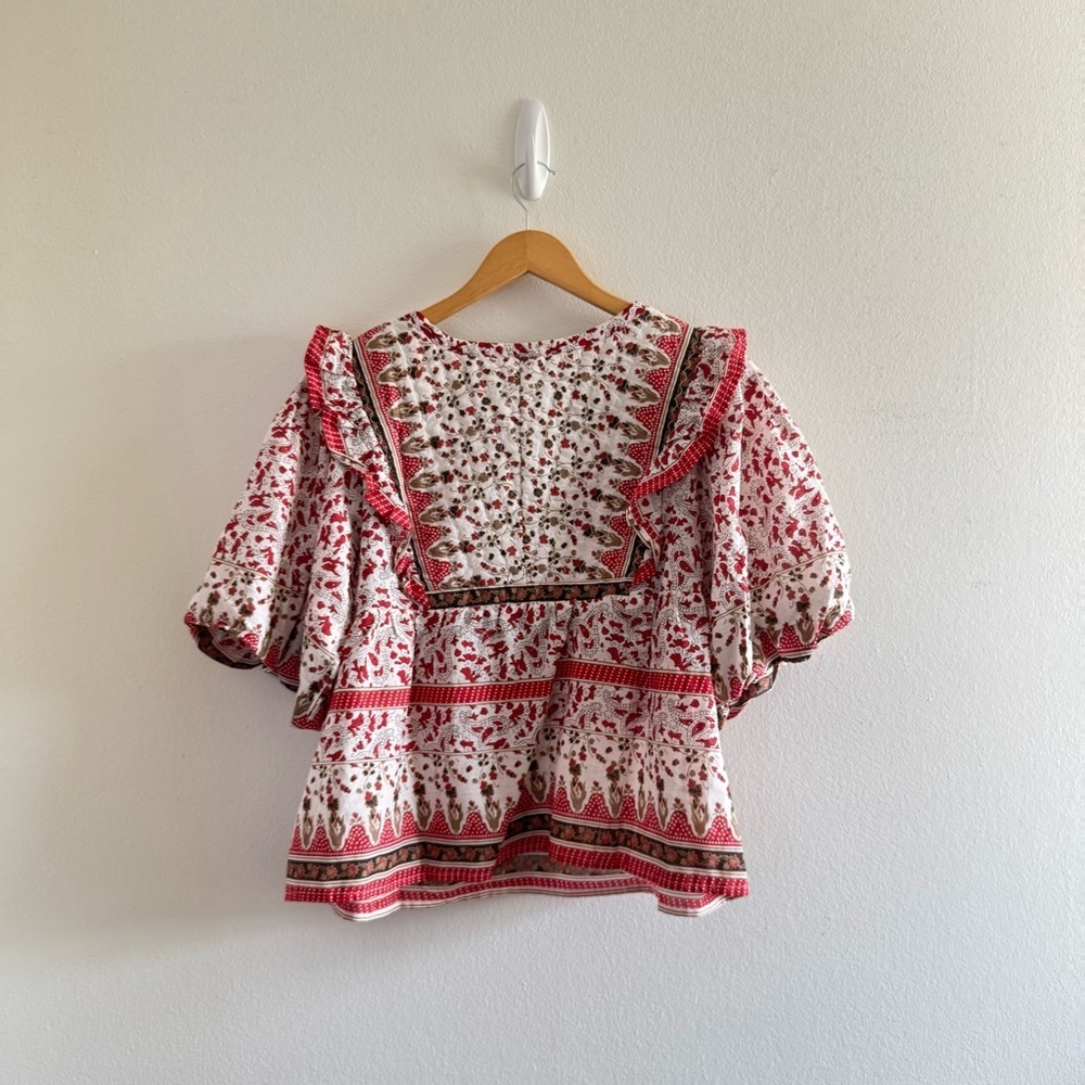 NWT Calypso St. Barth Red Puff Sleeve Quilted Boho Ruffle Top size Large - Picture 3 of 11